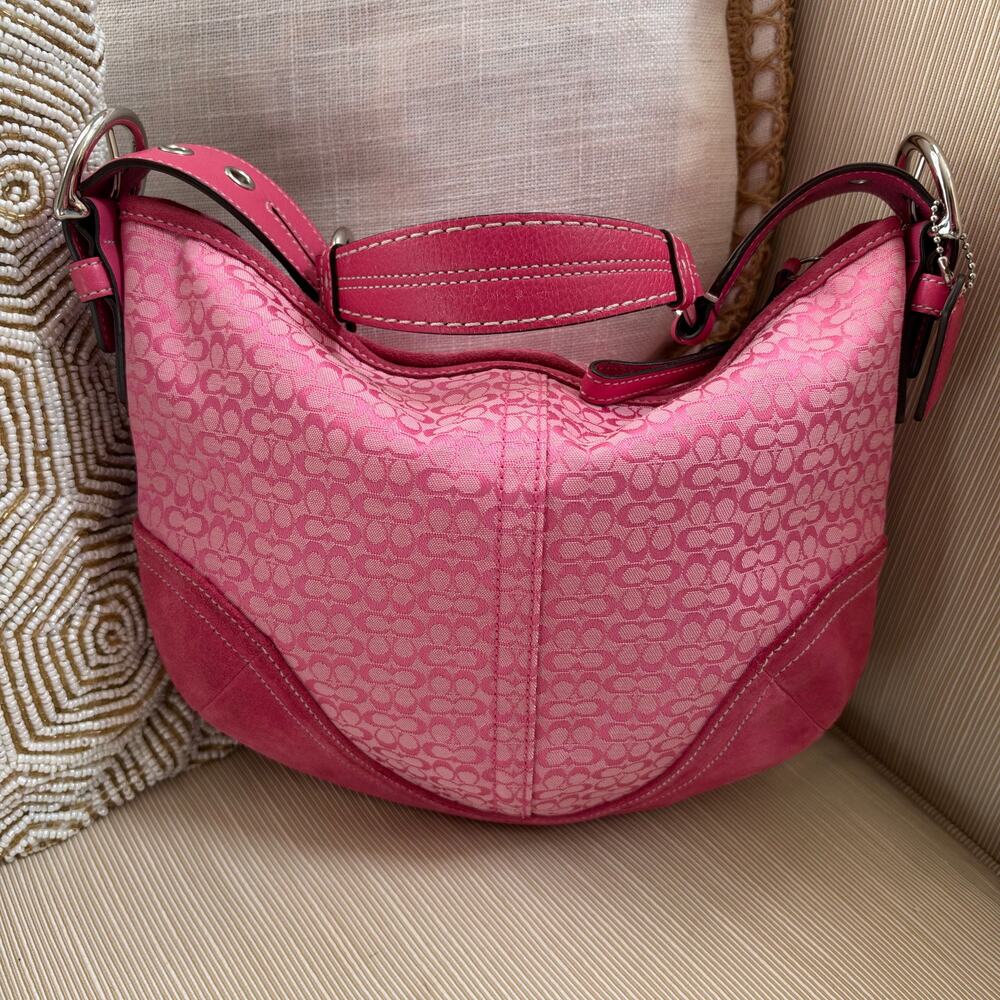Rare 2004 Coach Pink Mini Signature Suede Hobo Bag 1460 Y2K Vintage